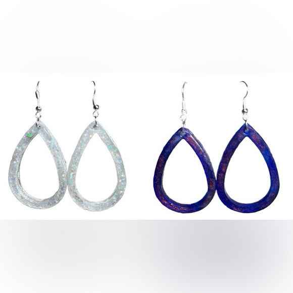 Hand Crafted Jewelry - Resin Earrings | 2 Pairs | Open Teardrop | White Glitter-Blue/Bronze | Handmade
